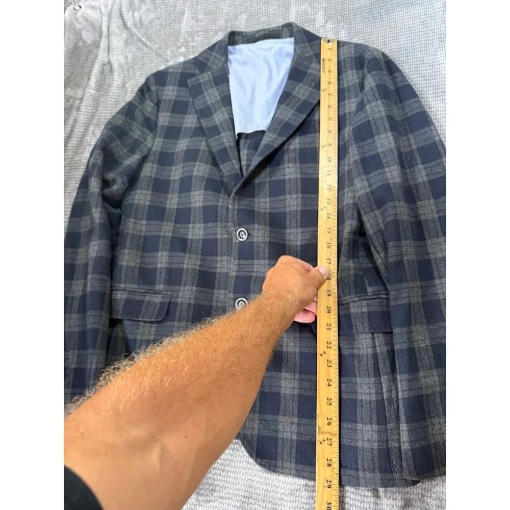 Misaky Mens Plaid Blazer Sport Coat Navy Blue Grey Wool Blend Size 52 IT US 42